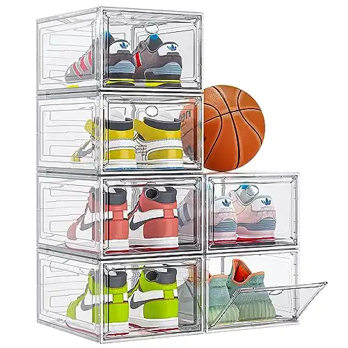 Thicken & Sturdy Clear Shoe Storage Organizer with Magnetic Door, Stackable Boxes for Closet, Foldable Space-Saving Shoe Rack for Sneaker Boot Container, Plastic Shoe Cabinet Shoe Box 6 Pack, Whit...