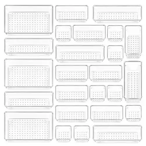 Vtopmart 25 PCS Clear Plastic Drawer Organizers Set, 4-Size Versatile Bathroom and Vanity Drawer Organizer Trays, Storage Bins for Makeup, Bedroom, Kitchen Gadgets Utensils and Office