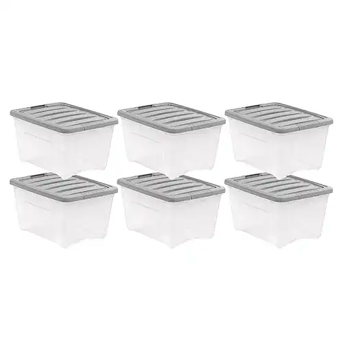 Amazon Basics Storage Bins with Lids, 32 Quart Stackable Plastic Latching containers - Clear/Grey- Pack of 6