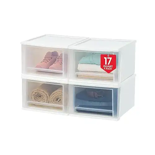 IRIS USA 17 Qt. Plastic Drawer Storage Organizer Stacking Drawers, 4-Pack, Stackable Unit with Sliding Drawer for Clothes Bedroom Kitchen Under Sink Pantry Craft Room Bathroom Dorm Office, White