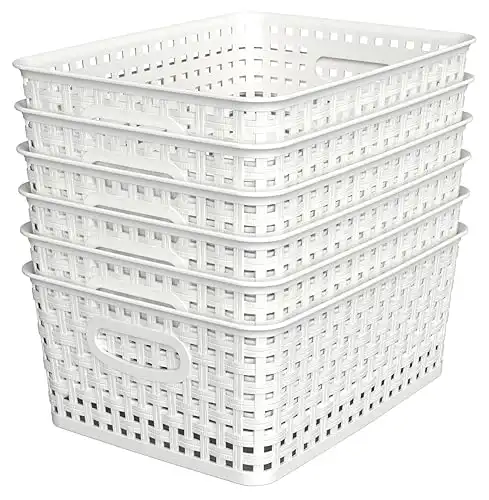 Woven Plastic Storage Baskets, 6 Pack White Weave Bins Organizer, 10.1" x 7.55" x 4.1"