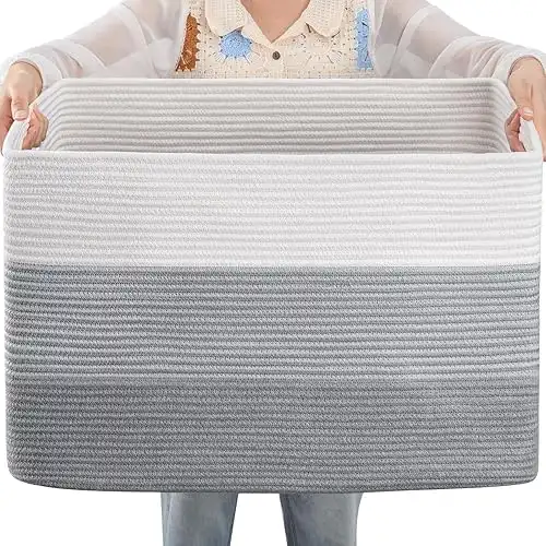 OIAHOMY 108L Large Cotton Rope Basket, Rectangle Woven Baskets for Storage, Nursery Blanket Basket Living Room, Toy Basket with Handle, Baskets for Organizing-25 x16 x16 -Gradient Grey