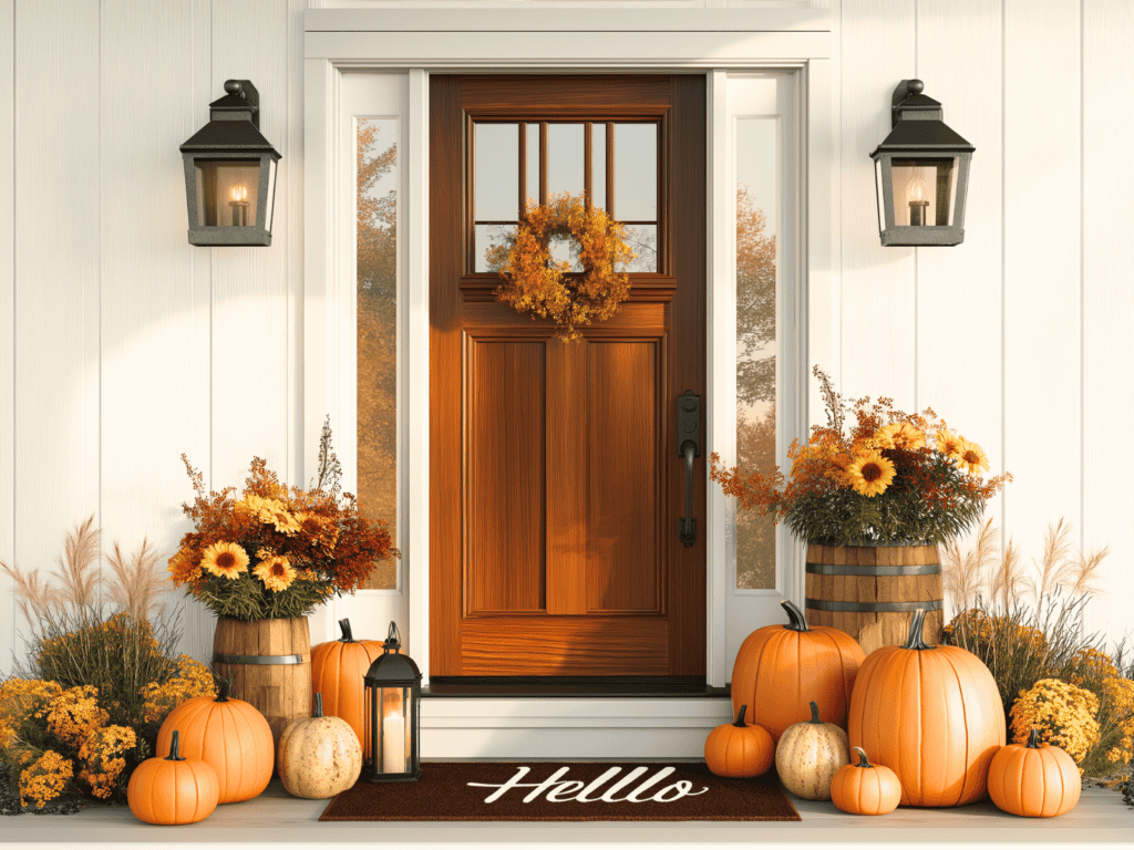 A wooden front door with a welcome mat and pumpkins and sunflowers surrounding it.