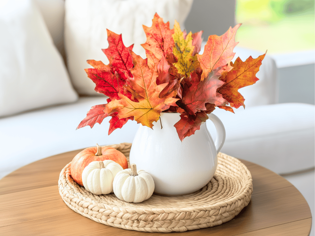 A white vase filled with fall leaves sitting beside three small pumpkins on a coffee table.