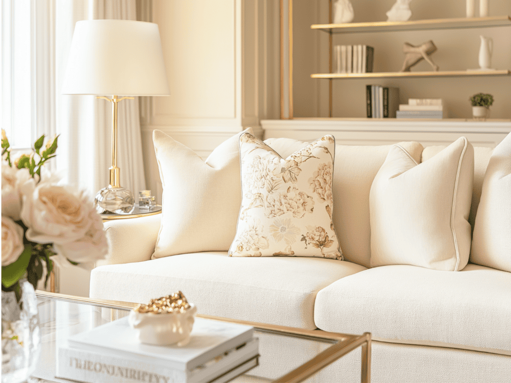 A white sofa in a living room with gold accents.