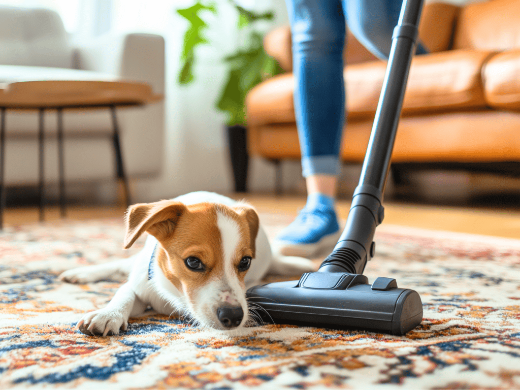 A dog laying on a rug while a woman is running the sweeper beside him.