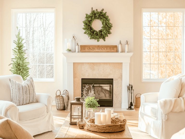 A white living room with a pine wreath hanging over a fireplace.