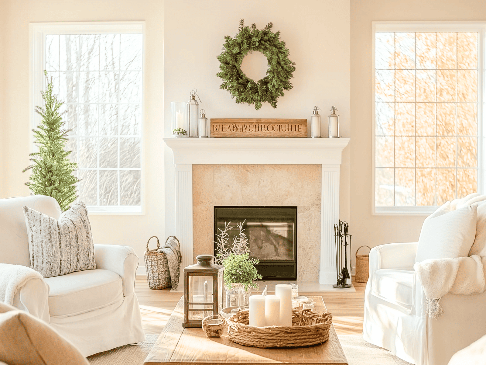 A white living room with a pine wreath hanging over a fireplace.