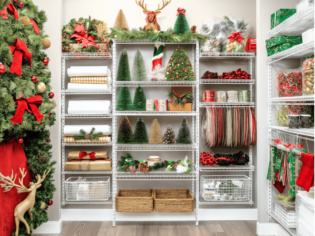 A closet full of organized Christmas decorations.