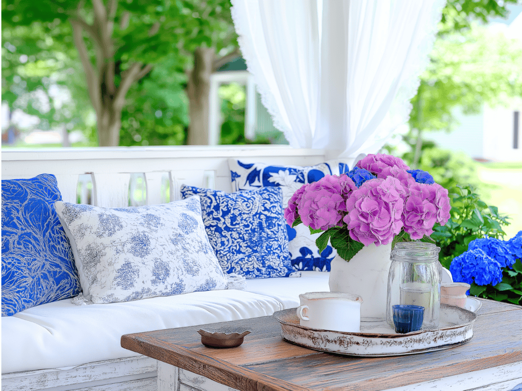 A front porch with a swing that contains colorful pillows and a table with a vase of flowers.