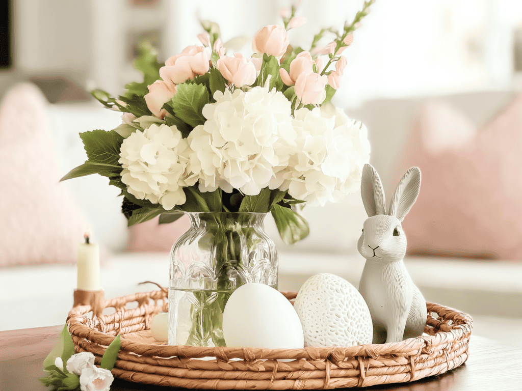 A vase of white flowers sitting beside two easter eggs and a ceramic rabbit.