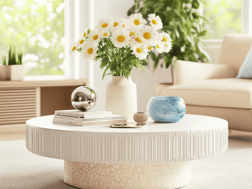 A white coffee table with a white vase of daisies.