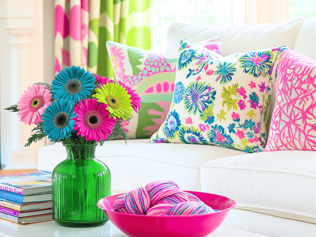 A white sofa with colorful pillows and a coffee table with a green vase of flowers and a pink bowl of yarn.