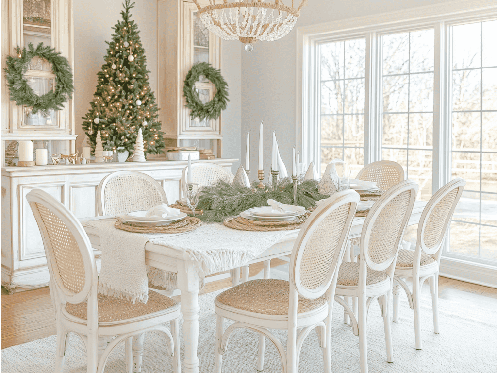 A white dining room table with Christmas decorations.