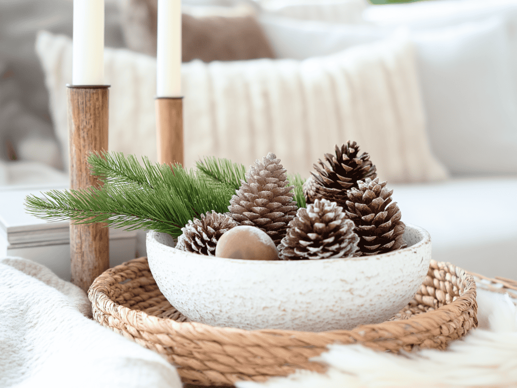 A white bowl of pinecones sitting on a coffee table beside two candles.