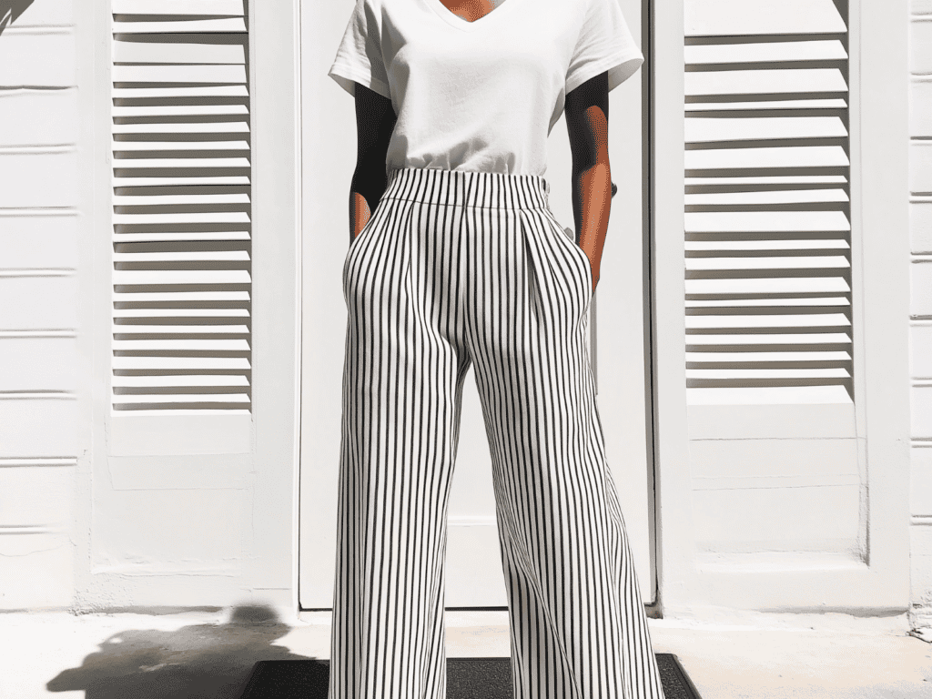 A woman wearing a white t-shirt and black and white striped wide-leg pants stands in front of a white door with vertical slats.