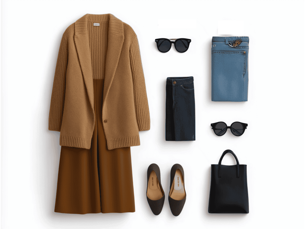 A flat lay of a capsule wardrobe with a brown cardigan, brown pants, blue jeans, black sunglasses, brown flats, and a black tote bag.