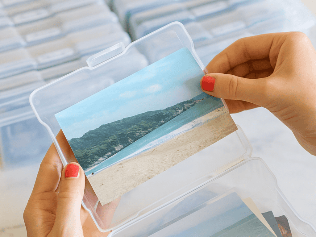 Hands sorting printed photographs into a clear plastic photo storage case, with multiple organized photo boxes in the background on a marble surface.