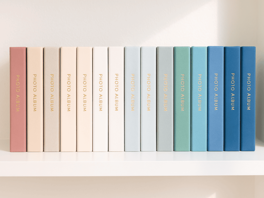 Neatly arranged photo albums in soft neutral and blue tones lined up on a white shelf, illuminated by natural light in a bright, minimalist room.