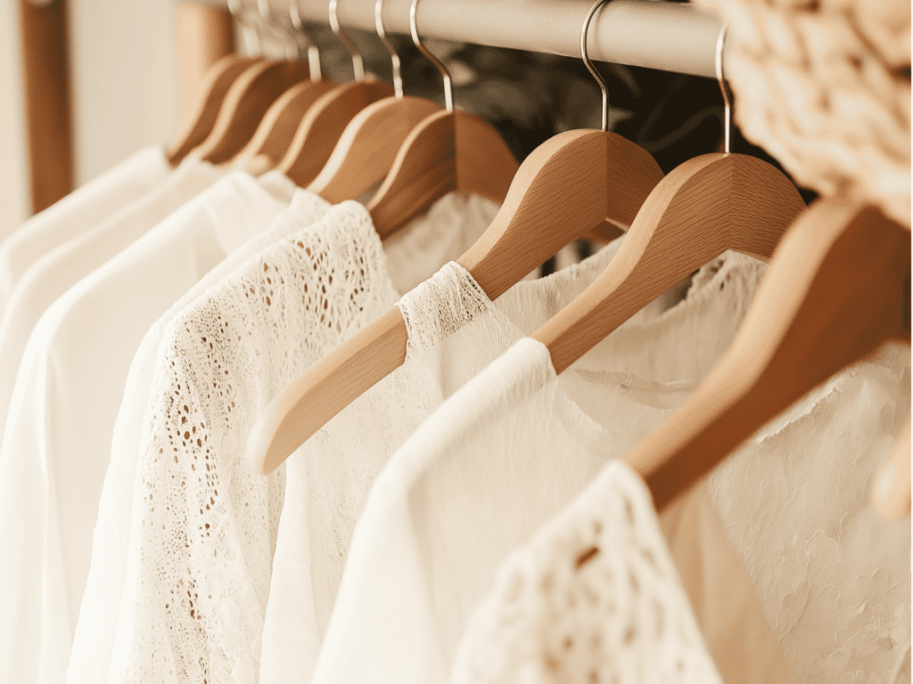 A row of white blouses with delicate lace details hanging on wooden clothes hangers.