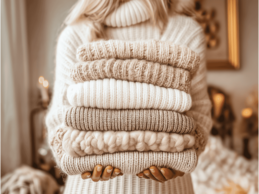 A woman wearing a cream-colored turtleneck sweater holds a stack of folded knit sweaters in various shades of beige and white.