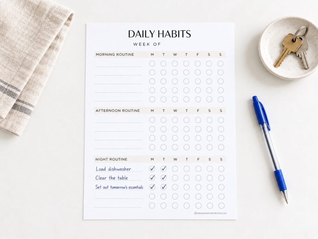 Daily habits checklist with three evening reset tasks on a white table beside a blue pen, folded linen, and a dish of keys.