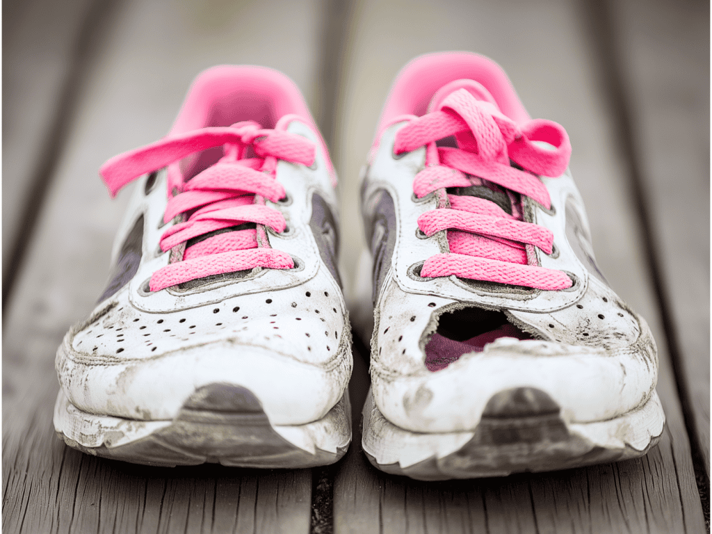 A pair of white running shoes with pink laces and a hole in the toe of the right shoe. The shoes are muddy and well-worn.