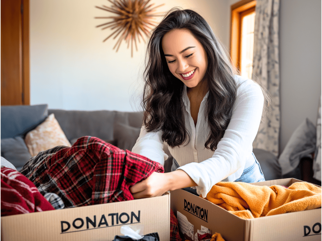 Three cardboard boxes overflowing with clothing and other donated items.