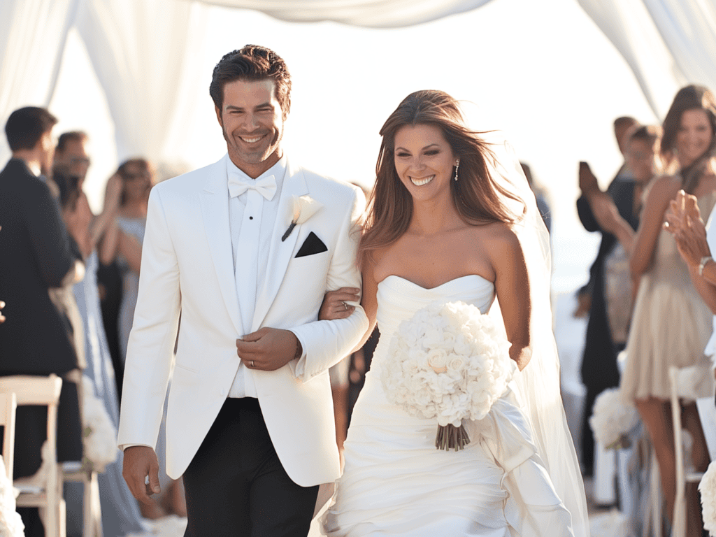 A bride and groom walking down the aisle of a beach wedding.