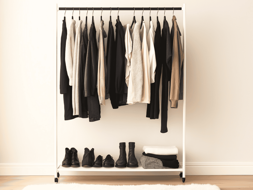 A white clothing rack with a minimalist wardrobe of neutral-toned shirts, pants, and sweaters.  Several pairs of boots are arranged on the rack's lower shelf.