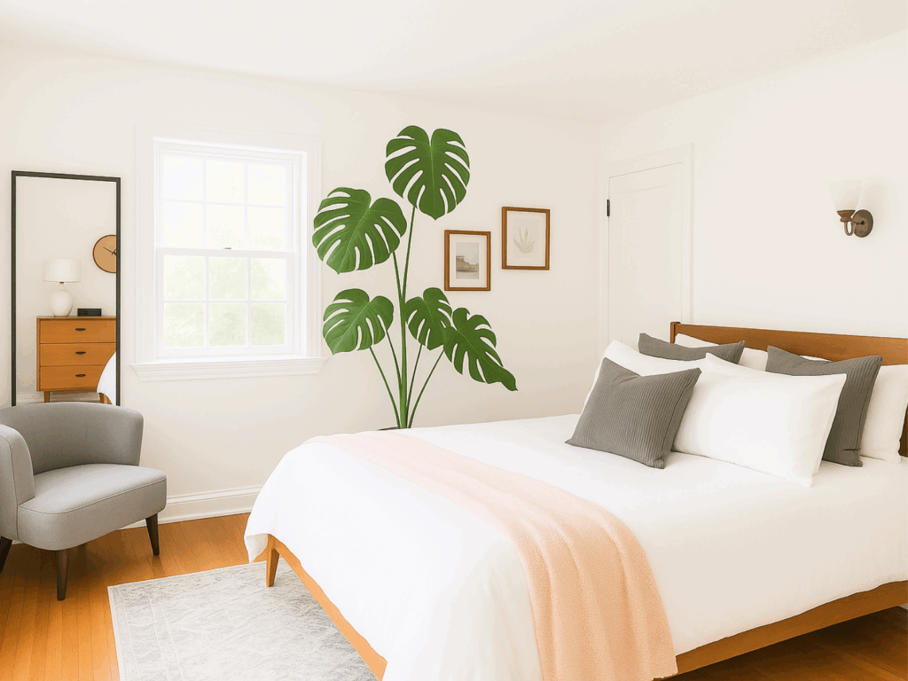 Bright and airy minimalist bedroom with white walls, a large window letting in natural light, a modern wooden bed with white bedding and a soft pink throw, gray and white pillows, a tall Monstera plant, a gray accent chair, and mid-century dresser reflected in a tall mirror.