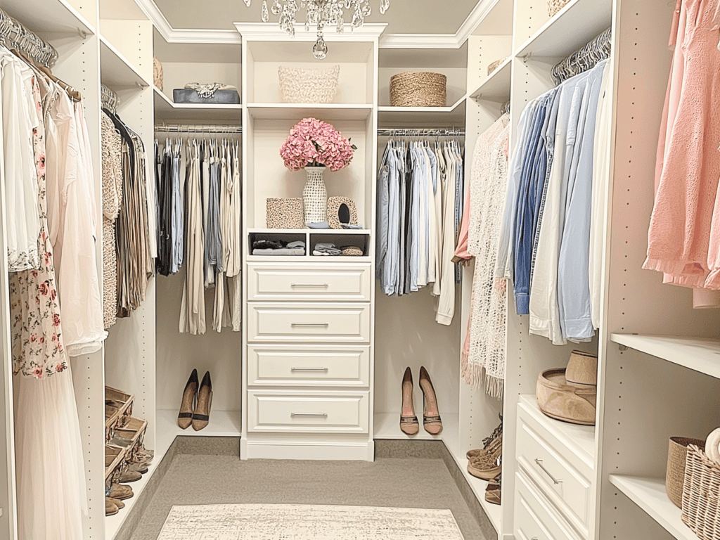 A spacious, organized walk-in closet with white shelves, drawers, and hanging rods. Clothes are neatly arranged, and accessories are stored in baskets and on shelves.