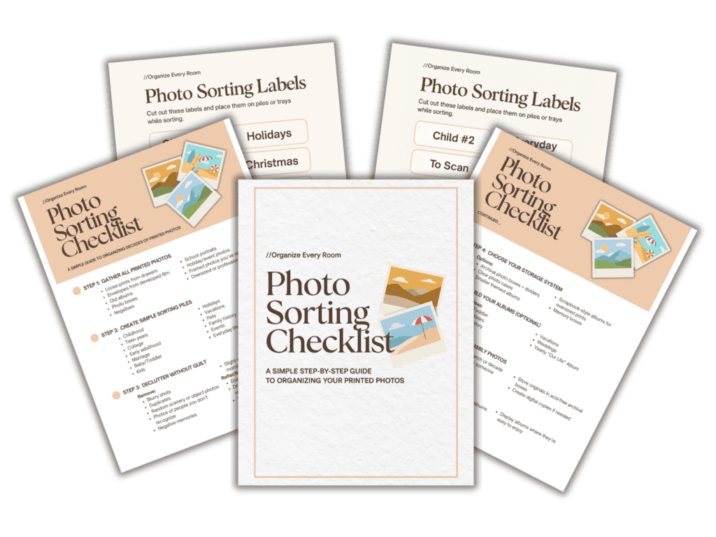 Flat lay image of a printable ‘Photo Sorting Checklist’ bundle, including a central cover page and multiple surrounding worksheets. The pages feature soft peach and cream colors with illustrated photo icons, checklists, and sorting labels. The sheets are slightly fanned out to display the different templates included in the set.