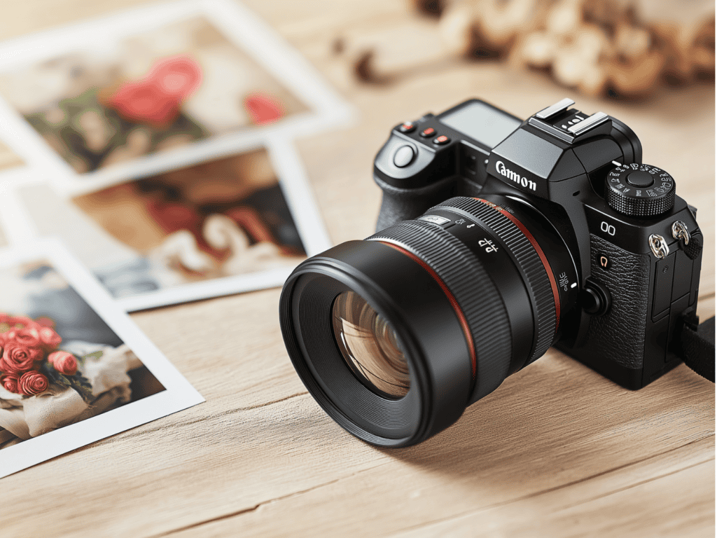 A close-up view of a digital camera and several printed photos scattered on a wooden table, emphasizing the importance of both digital and physical photo preservation.