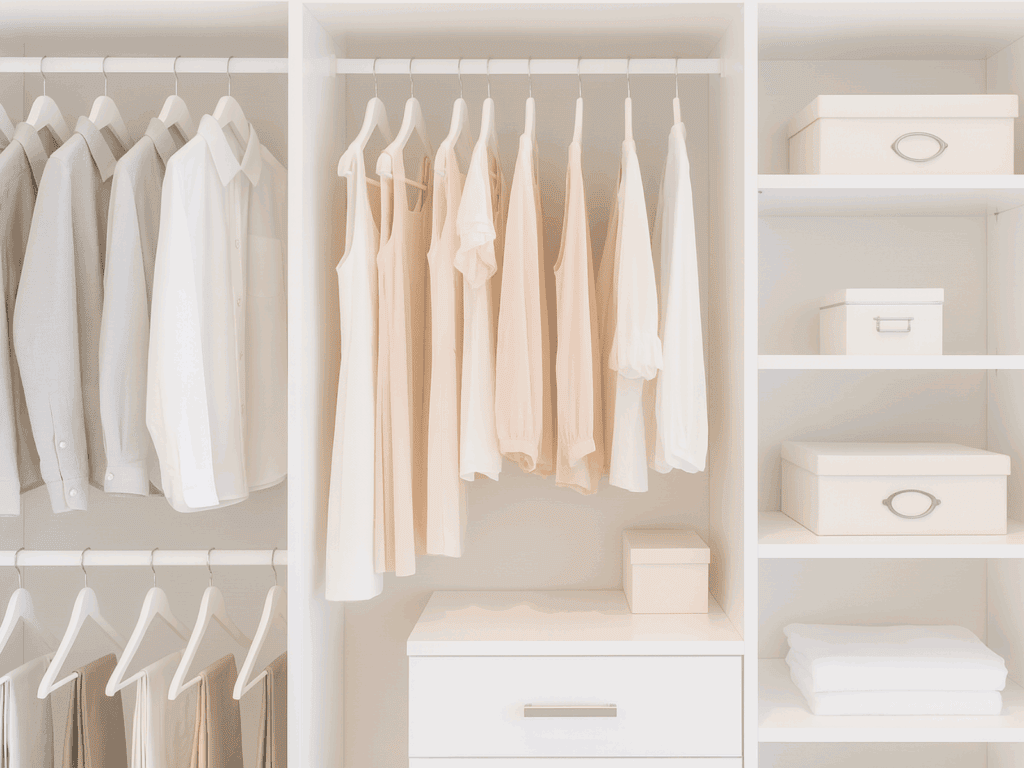 Bright, organized closet with white shelves and walls, featuring neatly hung neutral-toned clothing on white hangers, soft beige and white storage boxes, and folded white towels on open shelving.