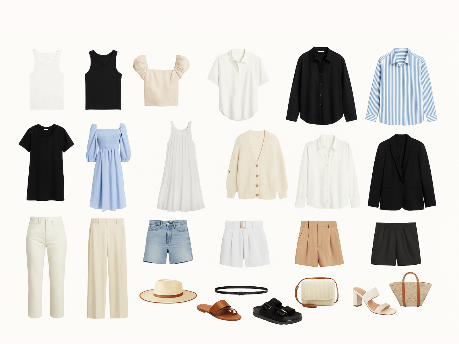 A capsule wardrobe layout featuring 24 neutral and minimalist clothing pieces and accessories arranged in a wide grid on a white background.