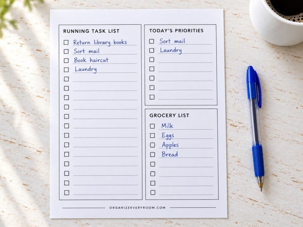 Single planning sheet with running tasks, daily priorities, and a grocery list on a white table beside a blue pen and coffee mug.