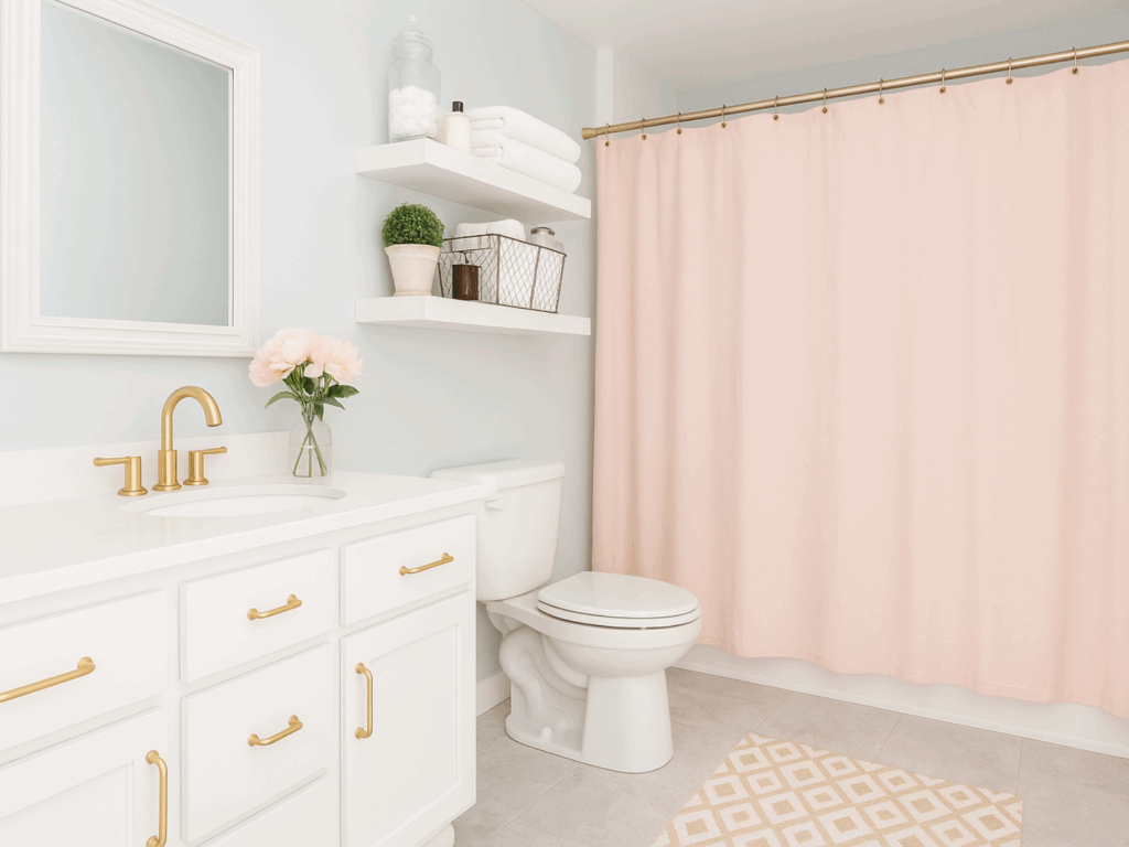 Bright and airy bathroom with soft blue walls, featuring a white vanity with gold hardware and faucet, a large white-framed mirror, and a clear vase of soft pink flowers. White floating shelves above the toilet hold folded towels, a small potted plant, and storage containers.