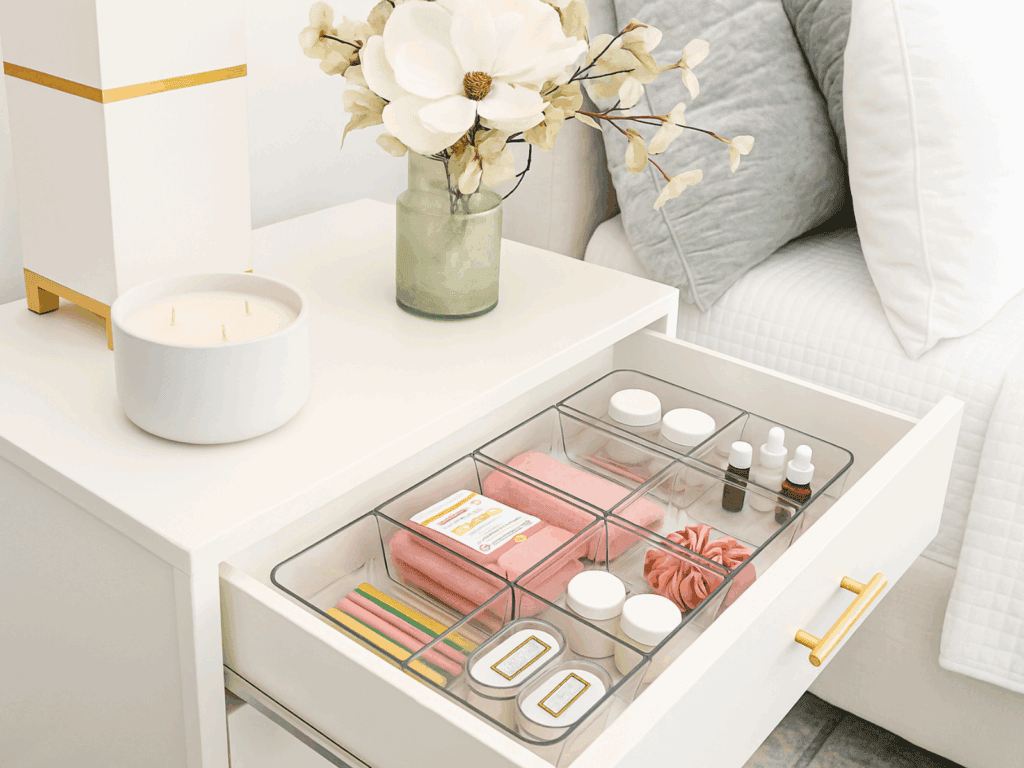 Minimalist white nightstand with a gold-accented lamp, a three-wick candle, and a green glass vase holding white faux flowers. The drawer is open, revealing neatly organized compartments with skincare jars, droppers, a pink scrunchie, cloth items, and pastel-colored pencils, all beside a bed with gray and white pillows and a white quilted blanket.