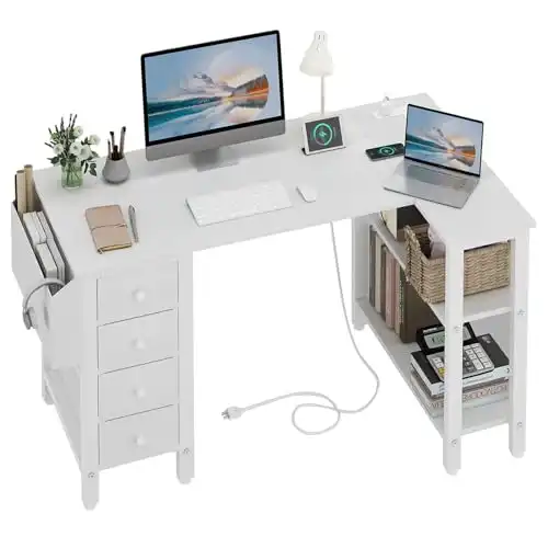 Lufeiya White L Shaped Computer Desk with Drawers & Storage Shelves, 47 Inch Corner Desk with Power Outlet for Home Office Bedroom, L-Shaped Teen PC Desks with Fabric Drawer, White