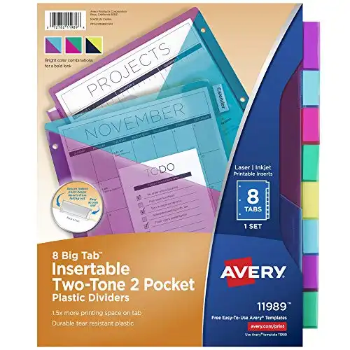 Avery Big Tab Insertable Plastic 2 Pocket Dividers for 3 Ring Binders, 8 Tab Set, Bright Two-Tone Multicolor, Works with Sheet Protectors, 1 Set (11989)