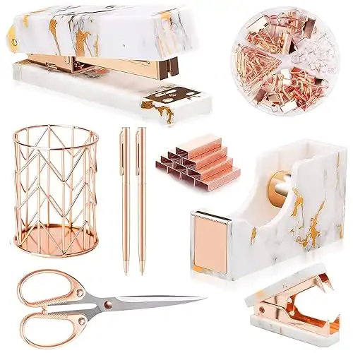 Rose Gold Marble Desk Accessories, Office Supplies Set Stapler Staple Remover, Tape Holder, Pen 2 Ballpoint Pen, Scissor, Binder Clips, Paper Clips and 1000pcs Staples