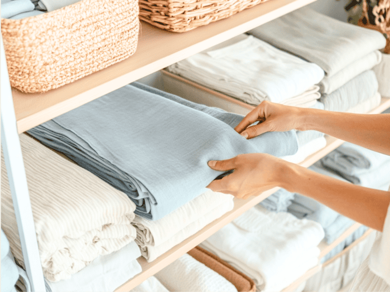 Hands carefully folding a garment on a shelf, demonstrating the process of organizing clothes.