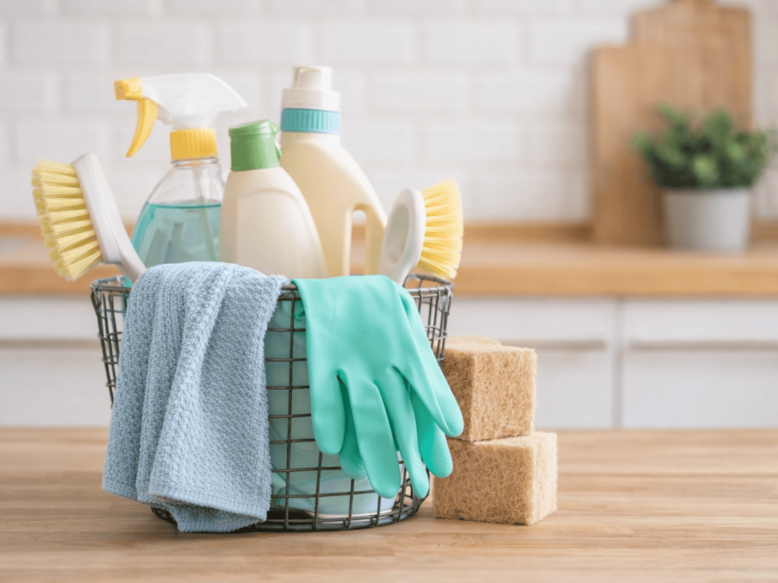 A basket of spring cleaning supplies including spray bottles, scrub brushes, microfiber cloths, and rubber gloves on a kitchen counter.