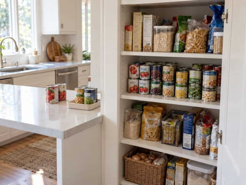 Pantry shelf organized with canned goods and a few cans on the nearby counter for sorting, leaving space clear for meal preparation.