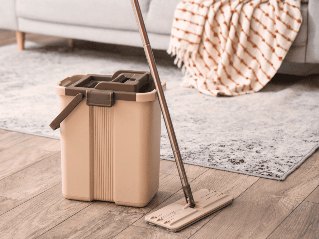 A mop and bucket on a living room floor, ready for spring cleaning.