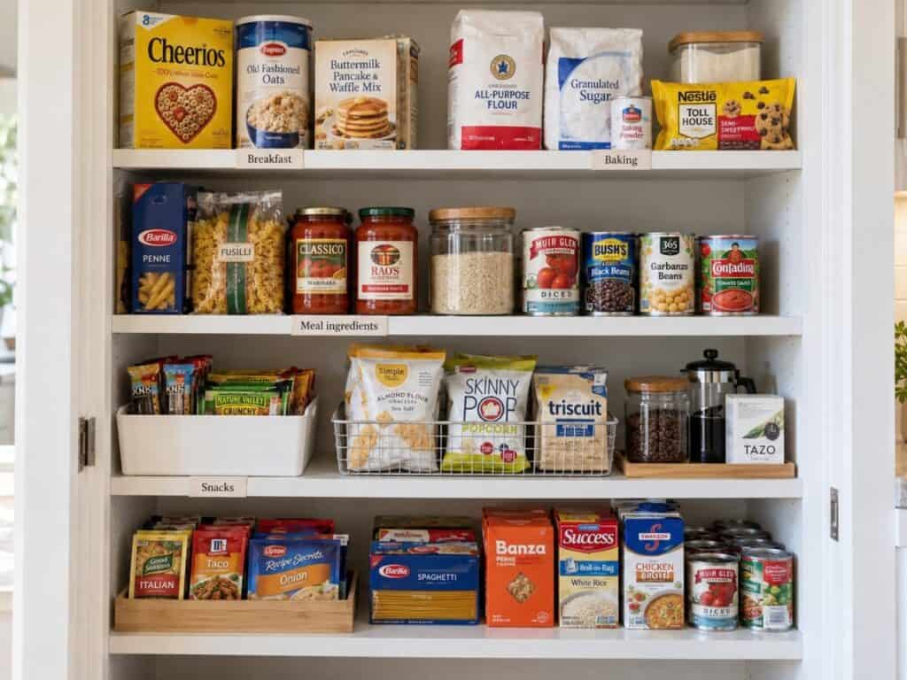 Pantry shelves grouped by use, with breakfast foods, baking supplies, meal ingredients, snacks, drinks, seasoning packets, and unopened extras.