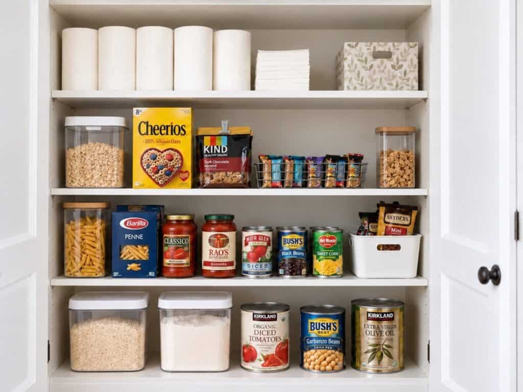 Organized pantry with paper goods on top, breakfast foods and meal ingredients on middle shelves, and heavier bulk containers on the bottom.