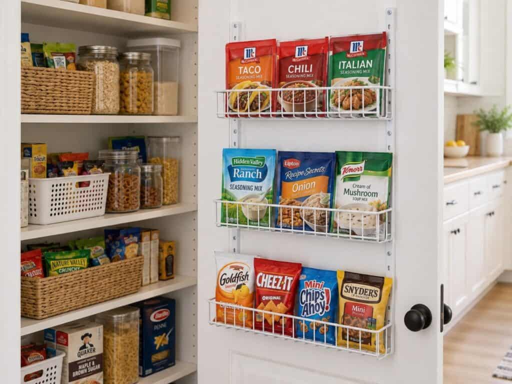 Shallow wire baskets mounted inside a pantry door hold upright seasoning packets, soup mixes, and small snack bags.