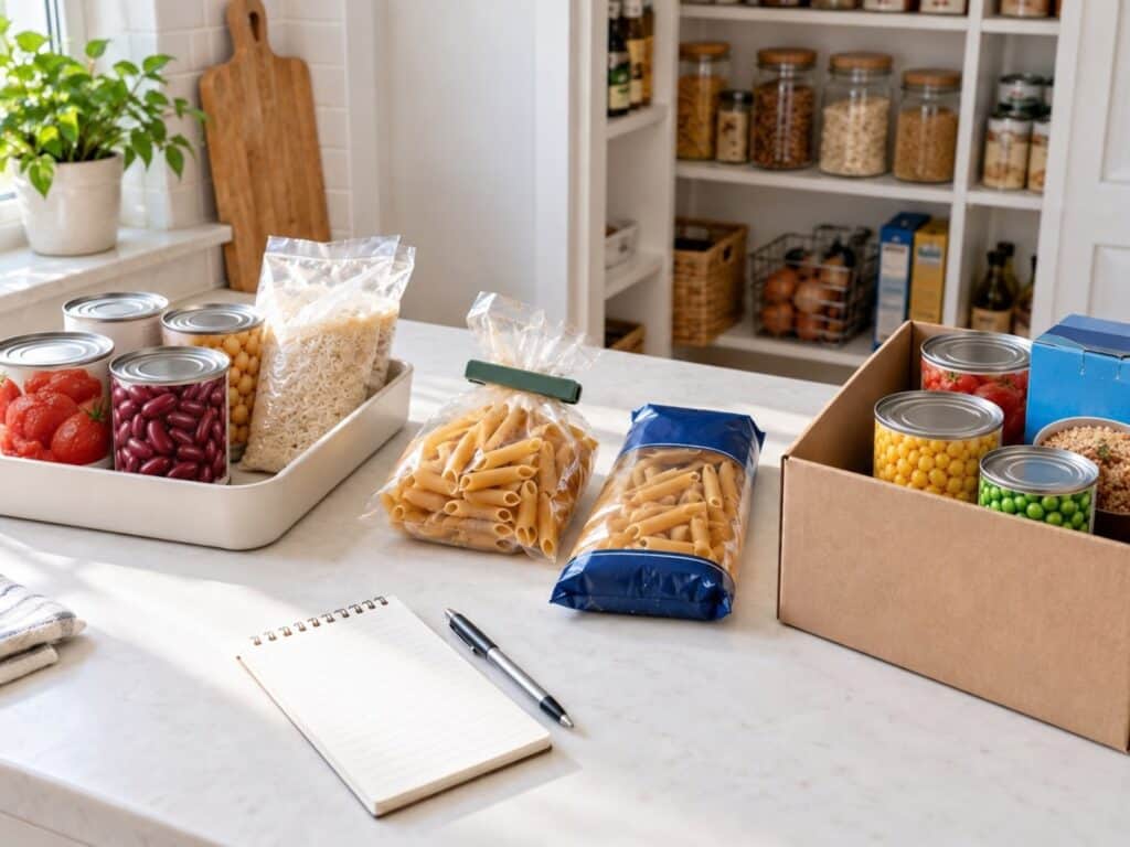 Pantry food sorted on a kitchen counter, with canned goods to keep, an open pasta bag to use first, and unopened items set aside.